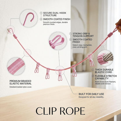 Portable Clothes Drying Rope with 12 Clips