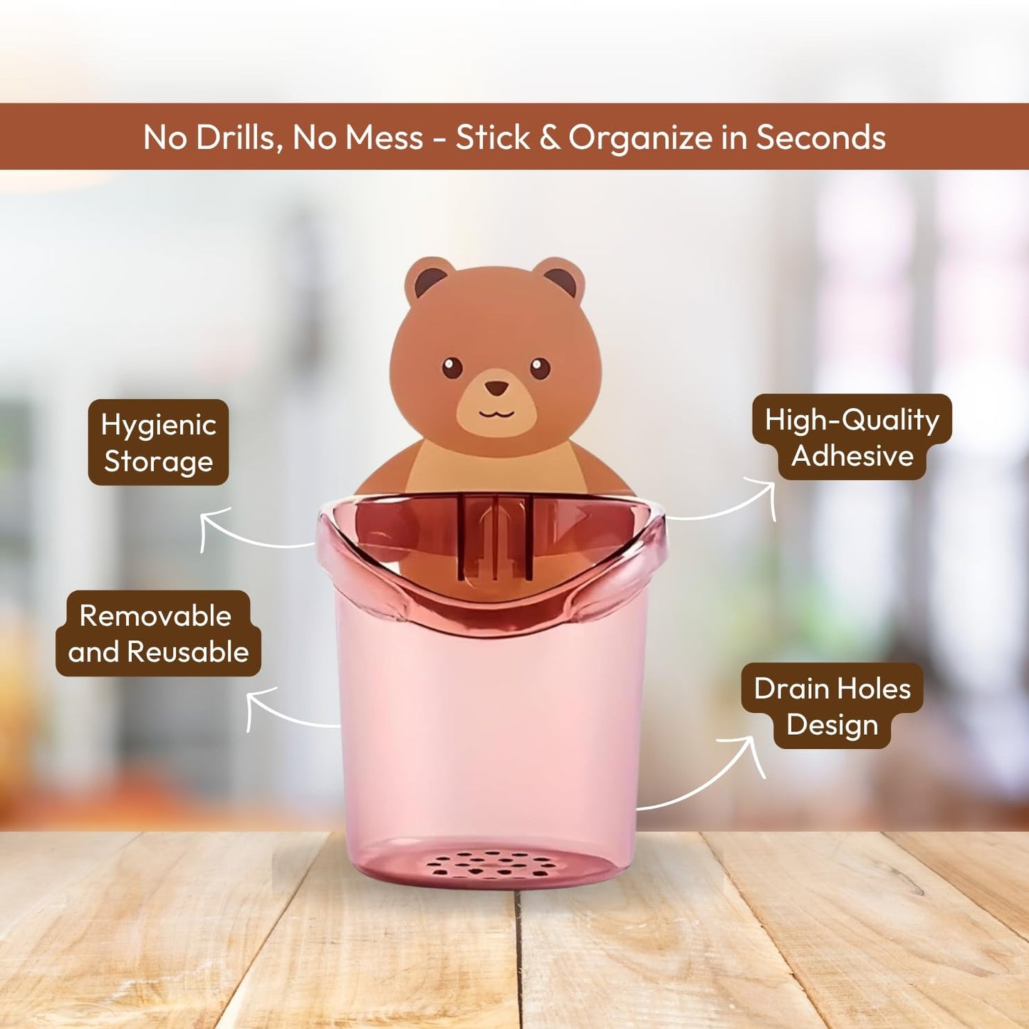Teddy Bear Self Adhesive Bathroom Holder (Pack of 2)